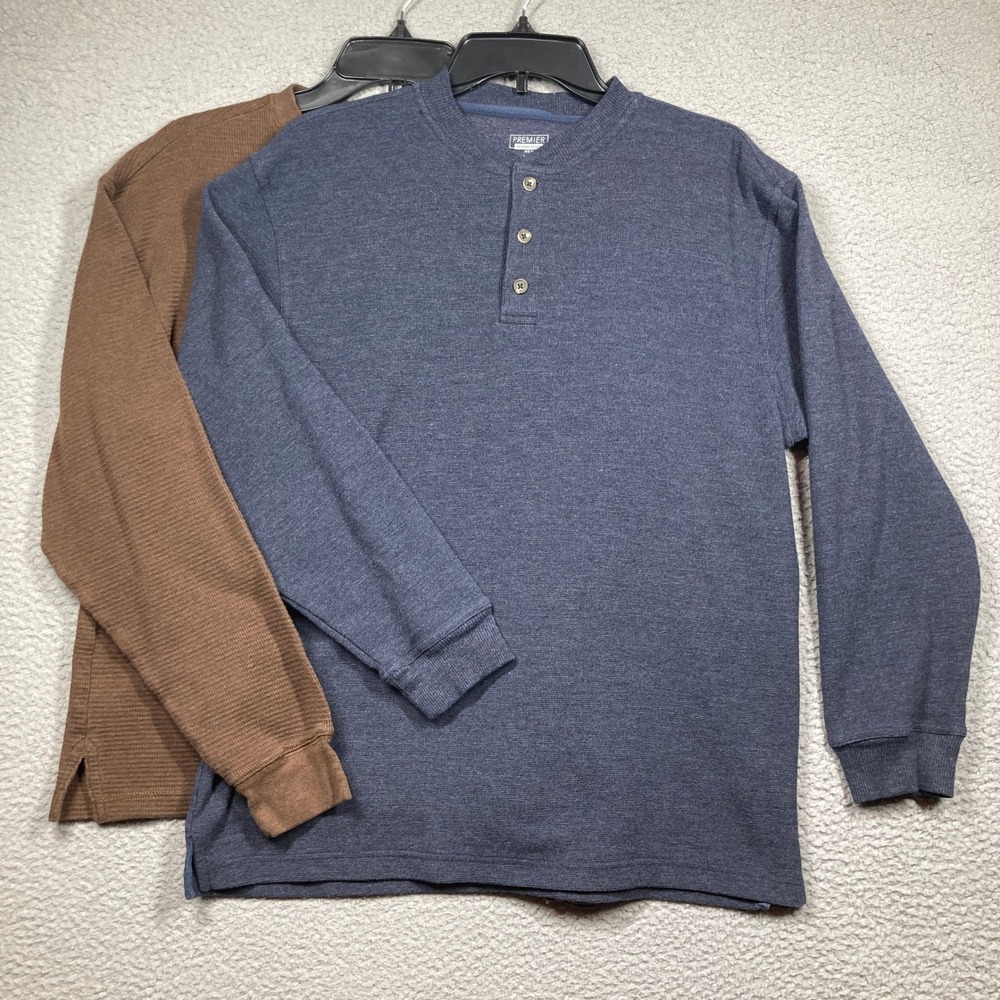 Premier Henley Shirt Men Medium Brown Blue Waffle Knit Long Sleeve Bundle 2 Pack